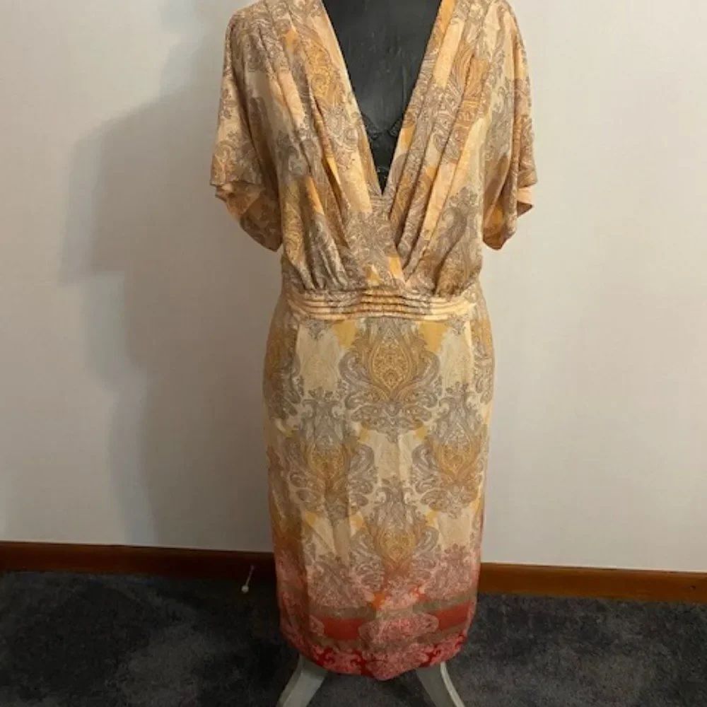 Emma James Orange/Black/White Paisley print wrap front tie back, size 18W
